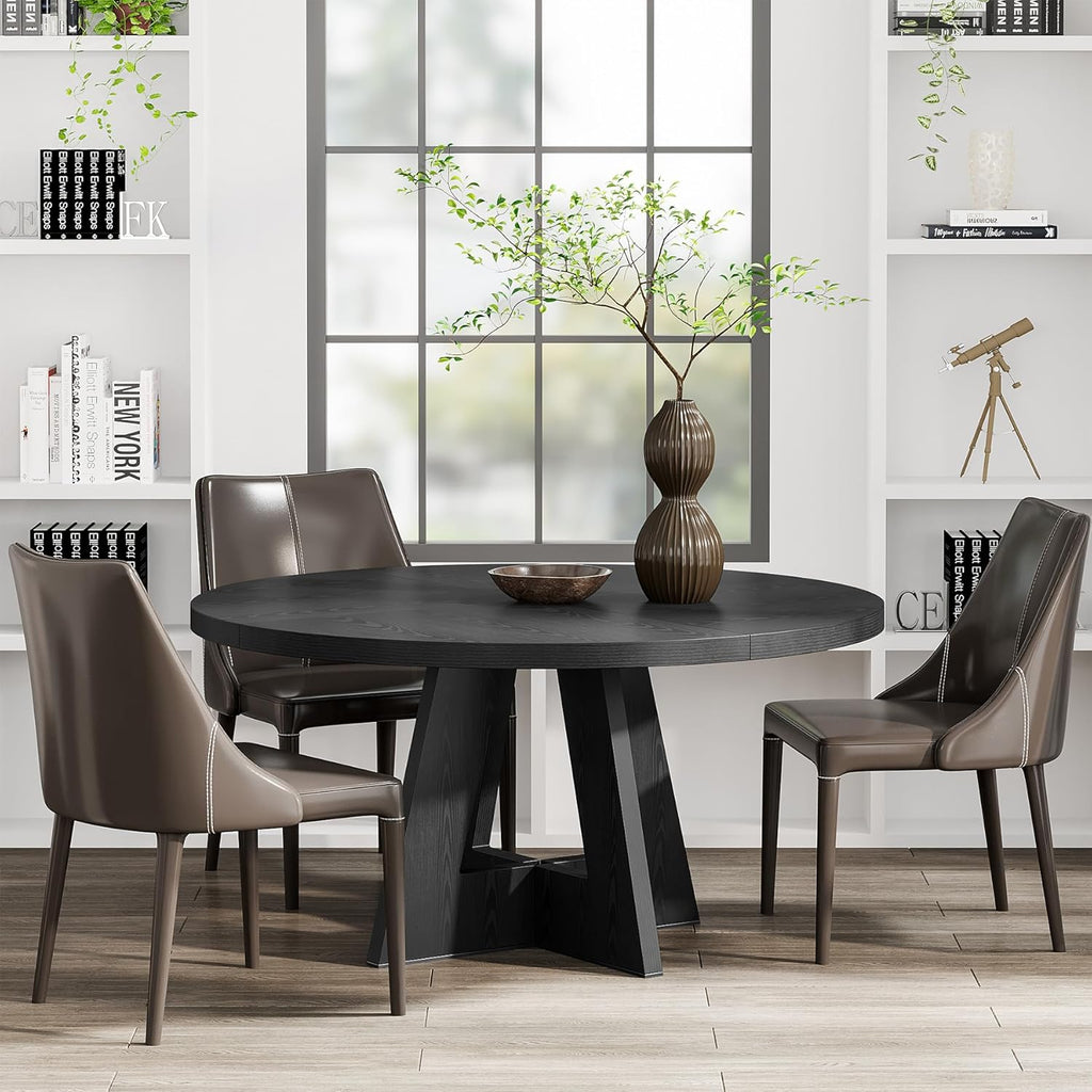 Tribesigns Round Dining Table Wood Kitchen Table for Dining Room Living Room, 47 in Dinning Room Tables for 4 Man, Farmhouse Dinner Table with Wooden Tabletop and Cross Base, Black(Only Table) - Grand Goldman
