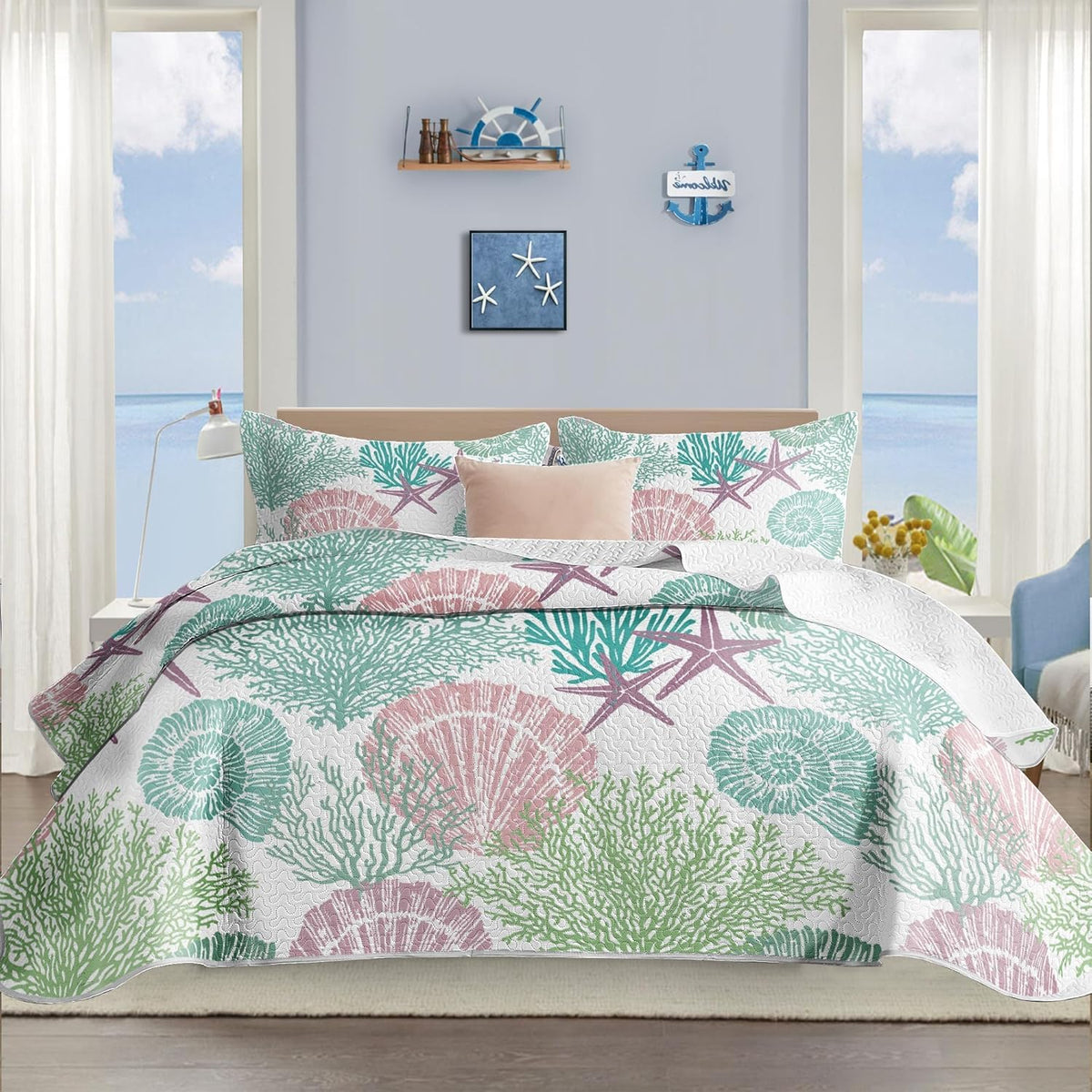Tritard 3 Piece Coastal Quilt Sets Full/Queen Size - Reversible Microfiber Quilts with 2 Shams Soft Lightweight Beach Bedding Nautical Bedspread Coverlet Summer Comforter for All Season, 90''x96'', C1 - Grand Goldman
