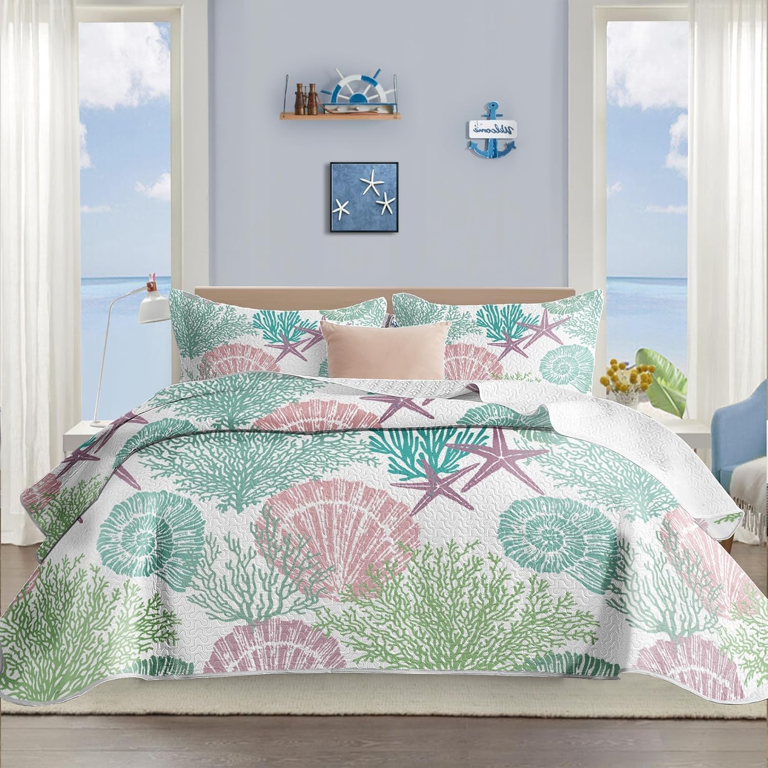 Tritard 3 Piece Coastal Quilt Sets Full/Queen Size - Reversible Microfiber Quilts with 2 Shams Soft Lightweight Beach Bedding Nautical Bedspread Coverlet Summer Comforter for All Season, 90''x96'', C1 - Grand Goldman