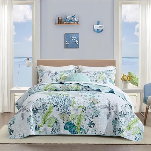 Tritard 3 Piece Coastal Quilt Sets Full/Queen Size - Reversible Microfiber Quilts with 2 Shams Soft Lightweight Beach Bedding Nautical Bedspread Coverlet Summer Comforter for All Season, 90''x96'', C1 - Grand Goldman