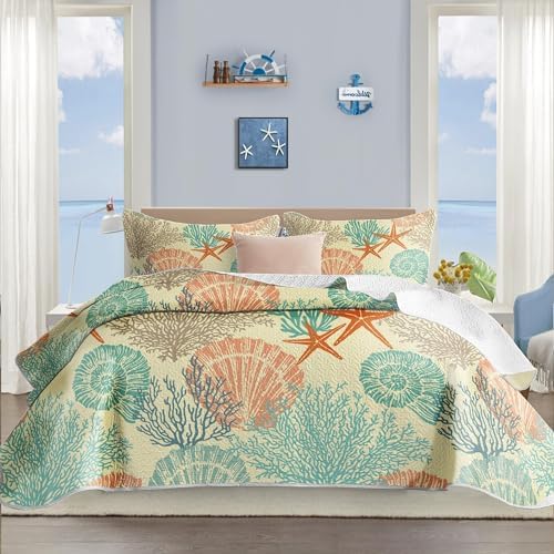 Tritard 3 Piece Coastal Quilt Sets Full/Queen Size - Reversible Microfiber Quilts with 2 Shams Soft Lightweight Beach Bedding Nautical Bedspread Coverlet Summer Comforter for All Season, 90''x96'', C1 - Grand Goldman