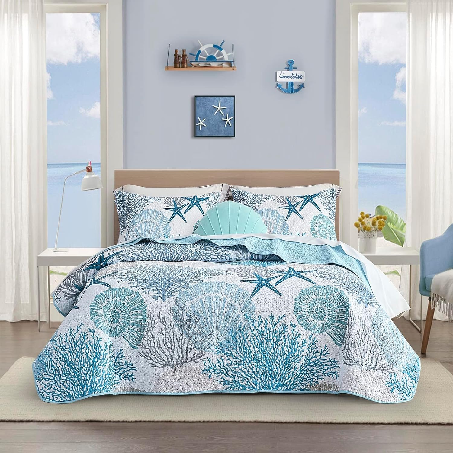 Tritard 3 Piece Coastal Quilt Sets Full/Queen Size - Reversible Microfiber Quilts with 2 Shams Soft Lightweight Beach Bedding Nautical Bedspread Coverlet Summer Comforter for All Season, 90''x96'', C1 - Grand Goldman