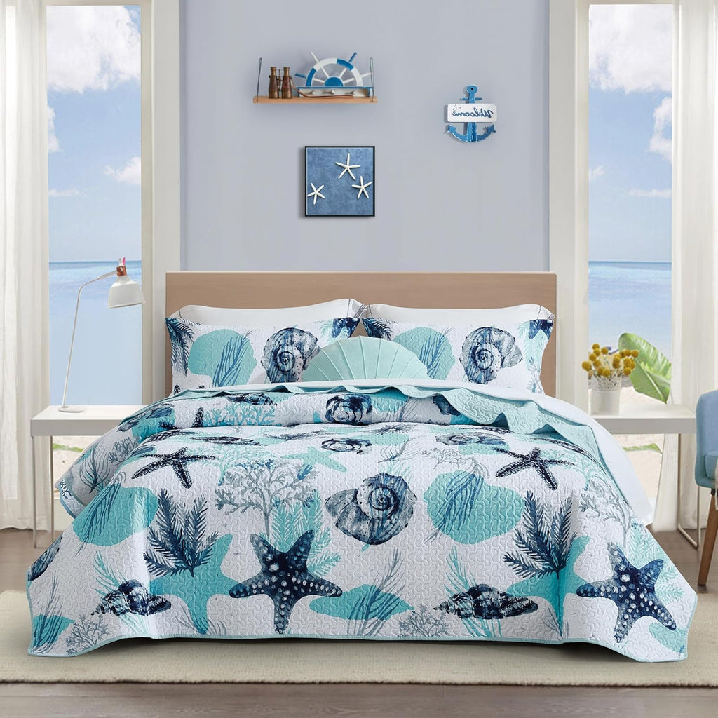Tritard 3 Piece Coastal Quilt Sets Full/Queen Size - Reversible Microfiber Quilts with 2 Shams Soft Lightweight Beach Bedding Nautical Bedspread Coverlet Summer Comforter for All Season, 90''x96'', C1 - Grand Goldman