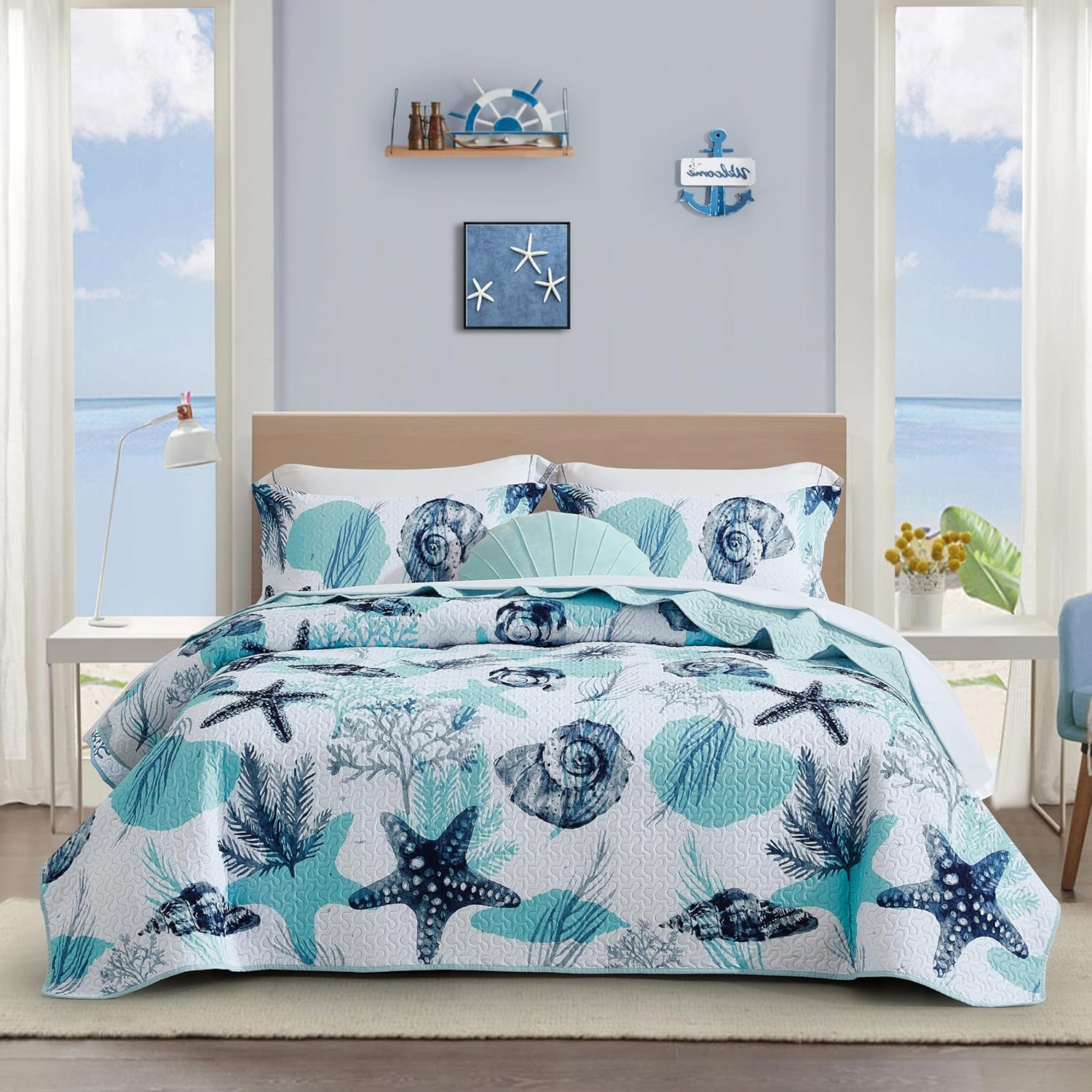 Tritard 3 Piece Coastal Quilt Sets Full/Queen Size - Reversible Microfiber Quilts with 2 Shams Soft Lightweight Beach Bedding Nautical Bedspread Coverlet Summer Comforter for All Season, 90''x96'', C1 - Grand Goldman