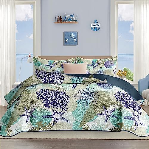 Tritard 3 Piece Coastal Quilt Sets Full/Queen Size - Reversible Microfiber Quilts with 2 Shams Soft Lightweight Beach Bedding Nautical Bedspread Coverlet Summer Comforter for All Season, 90''x96'', C1 - Grand Goldman