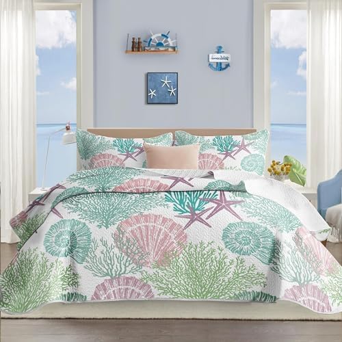 Tritard 3 Piece Coastal Quilt Sets Full/Queen Size - Reversible Microfiber Quilts with 2 Shams Soft Lightweight Beach Bedding Nautical Bedspread Coverlet Summer Comforter for All Season, 90''x96'', C1 - Grand Goldman
