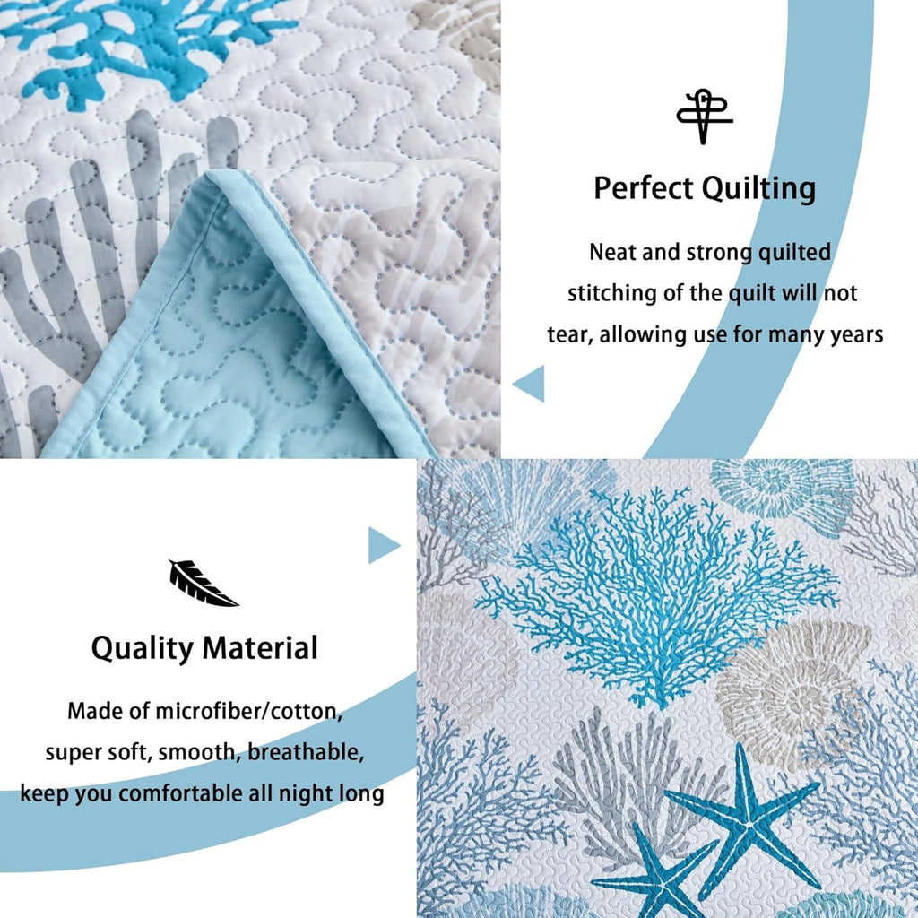 Tritard 3 Piece Coastal Quilt Sets Full/Queen Size - Reversible Microfiber Quilts with 2 Shams Soft Lightweight Beach Bedding Nautical Bedspread Coverlet Summer Comforter for All Season, 90''x96'', C1 - Grand Goldman