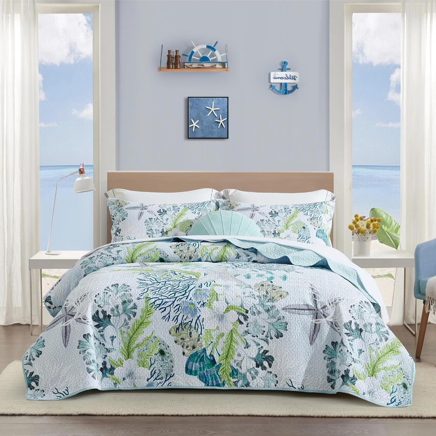 Tritard 3 Piece Coastal Quilt Sets Full/Queen Size - Reversible Microfiber Quilts with 2 Shams Soft Lightweight Beach Bedding Nautical Bedspread Coverlet Summer Comforter for All Season, 90''x96'', C1 - Grand Goldman