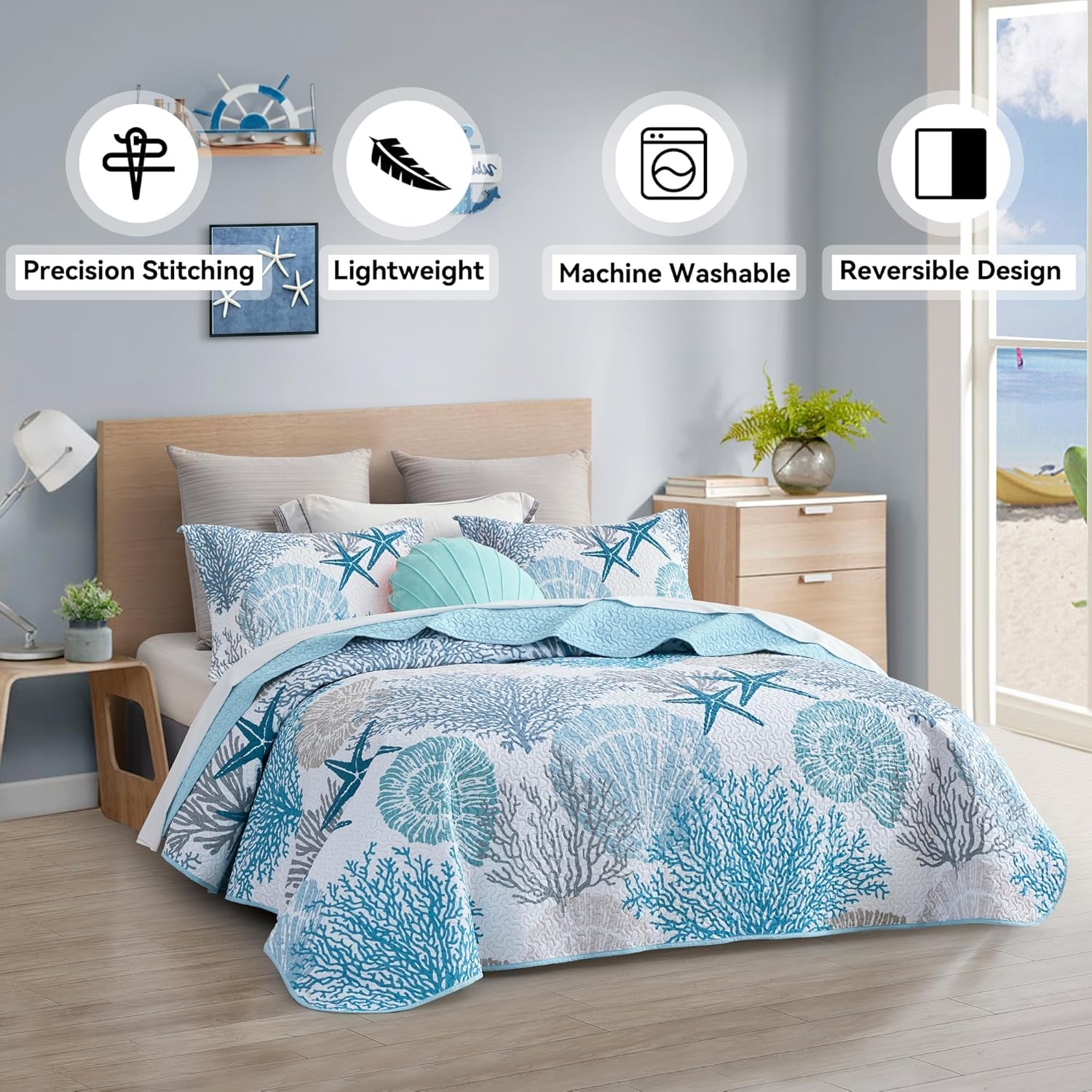 Tritard 3 Piece Coastal Quilt Sets Full/Queen Size - Reversible Microfiber Quilts with 2 Shams Soft Lightweight Beach Bedding Nautical Bedspread Coverlet Summer Comforter for All Season, 90''x96'', C1 - Grand Goldman