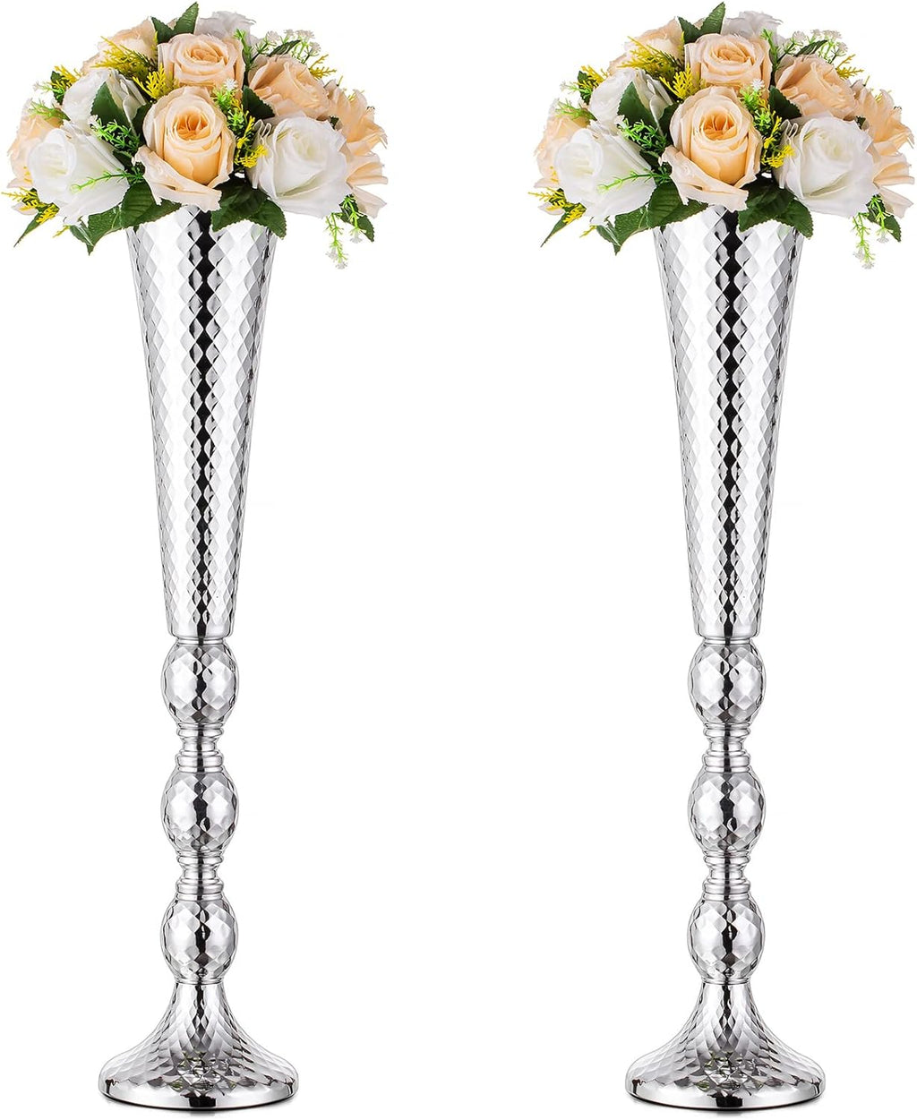 Trumpet Vase Wedding Centrepieces for Tables: Nuptio 2 Pcs Silver Vase 61cm Tall Flower Stand Road Lead for Weddings Party Dinner Centrepiece, Tabletop Vases for Anniversary Birthday Home Decoration - Grand Goldman