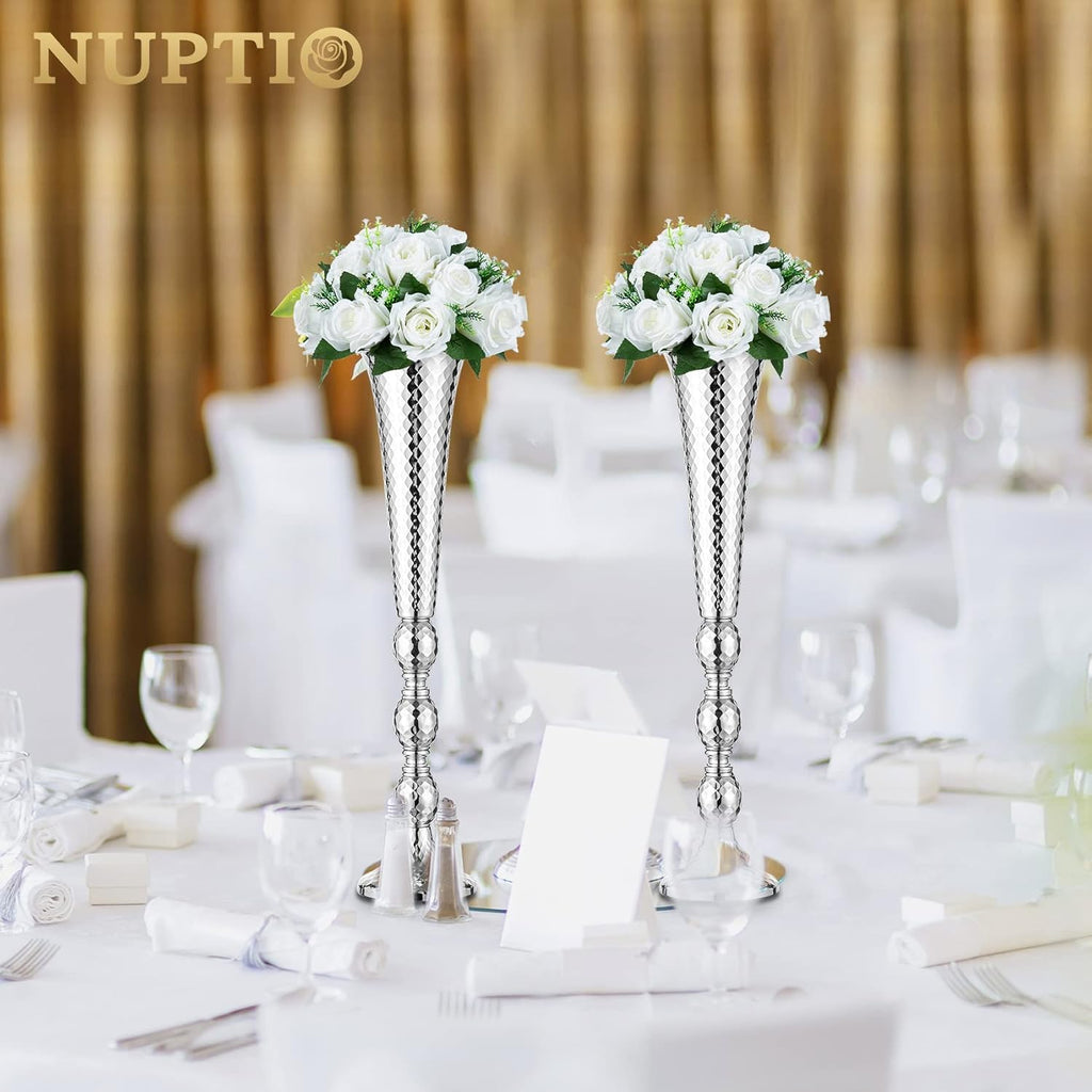 Trumpet Vase Wedding Centrepieces for Tables: Nuptio 2 Pcs Silver Vase 61cm Tall Flower Stand Road Lead for Weddings Party Dinner Centrepiece, Tabletop Vases for Anniversary Birthday Home Decoration - Grand Goldman