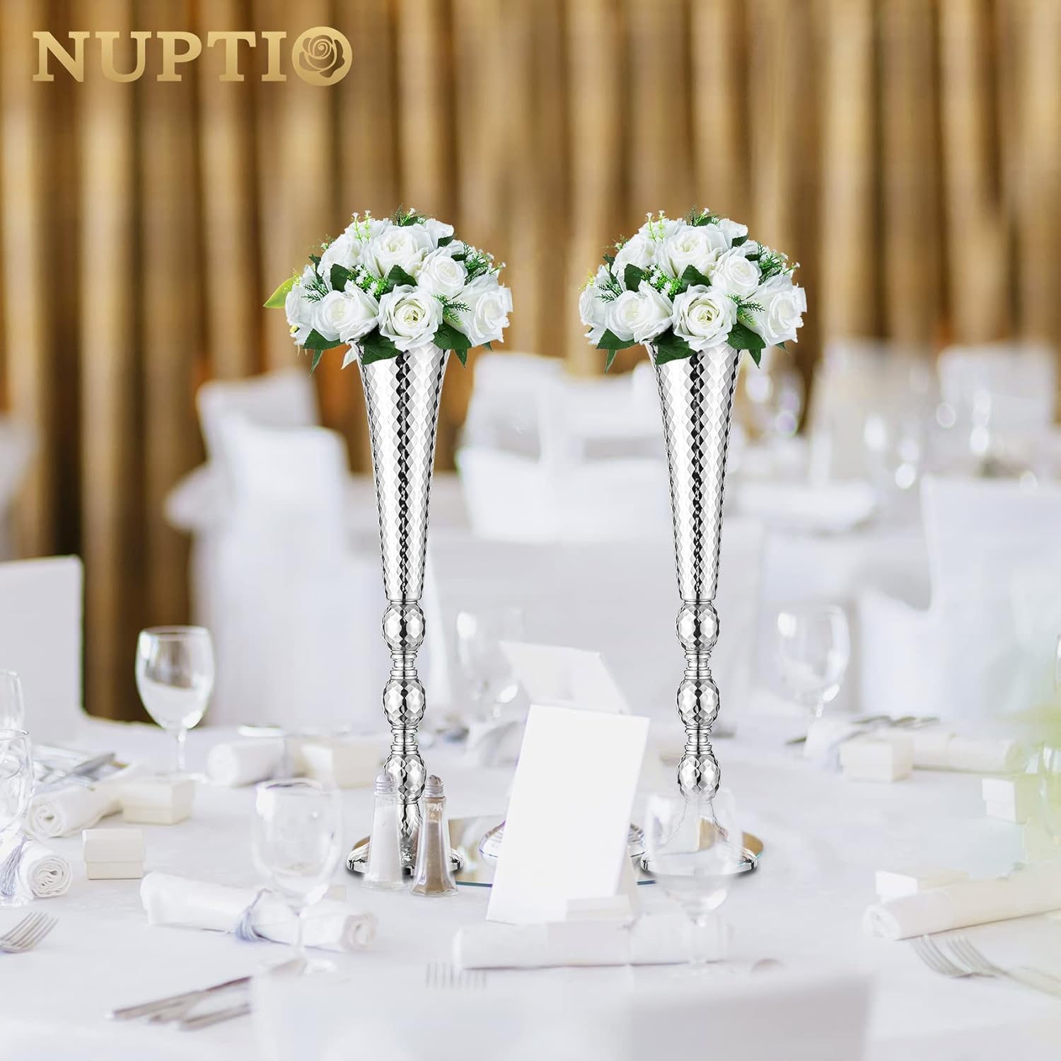 Trumpet Vase Wedding Centrepieces for Tables: Nuptio 2 Pcs Silver Vase 61cm Tall Flower Stand Road Lead for Weddings Party Dinner Centrepiece, Tabletop Vases for Anniversary Birthday Home Decoration - Grand Goldman
