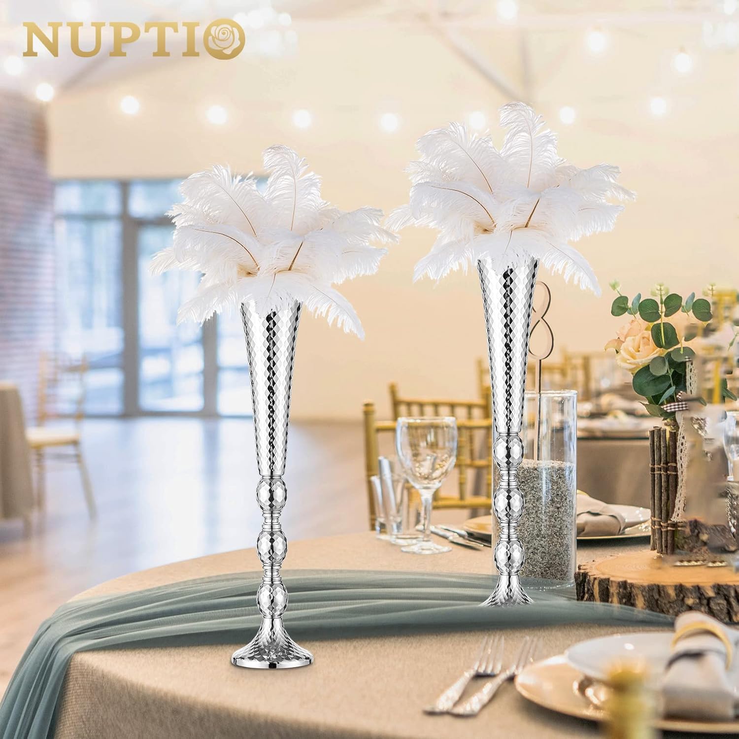 Trumpet Vase Wedding Centrepieces for Tables: Nuptio 2 Pcs Silver Vase 61cm Tall Flower Stand Road Lead for Weddings Party Dinner Centrepiece, Tabletop Vases for Anniversary Birthday Home Decoration - Grand Goldman