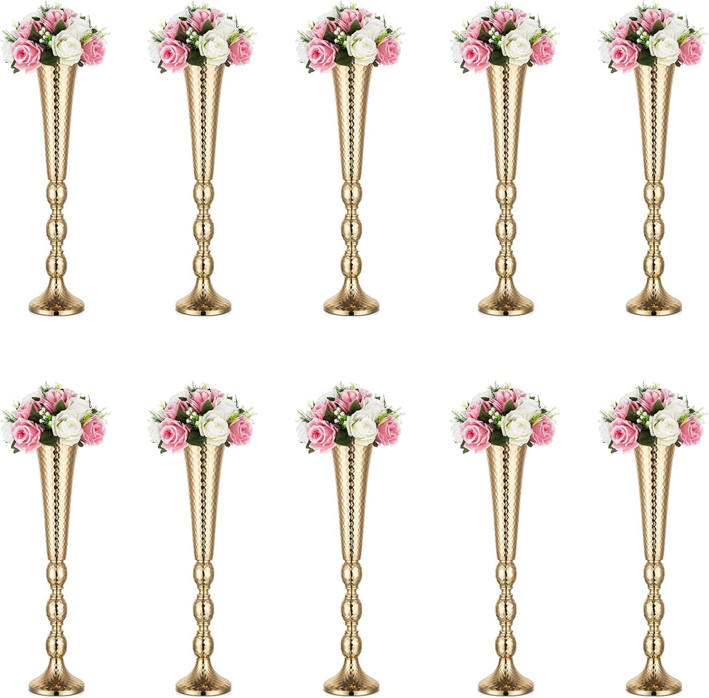 Trumpet Vase Wedding Centrepieces for Tables: Nuptio 2 Pcs Silver Vase 61cm Tall Flower Stand Road Lead for Weddings Party Dinner Centrepiece, Tabletop Vases for Anniversary Birthday Home Decoration - Grand Goldman