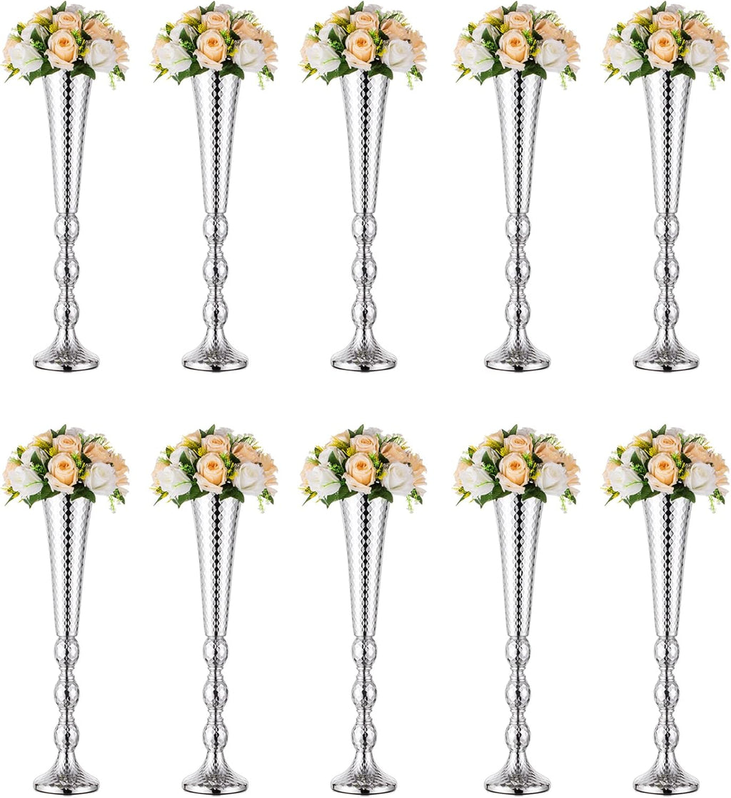 Trumpet Vase Wedding Centrepieces for Tables: Nuptio 2 Pcs Silver Vase 61cm Tall Flower Stand Road Lead for Weddings Party Dinner Centrepiece, Tabletop Vases for Anniversary Birthday Home Decoration - Grand Goldman