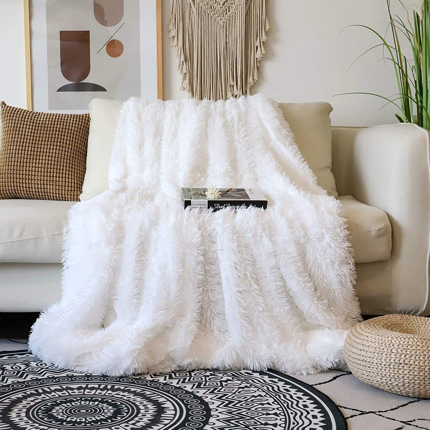 Tuddrom Decorative Extra Soft Fuzzy Faux Fur Throw Blanket 50" x 60",Solid Reversible Long Hair Shaggy Blanket,Fluffy Cozy Plush Comfy Microfiber Fleece Blankets for Couch Sofa Bedroom,Cream White - Grand Goldman