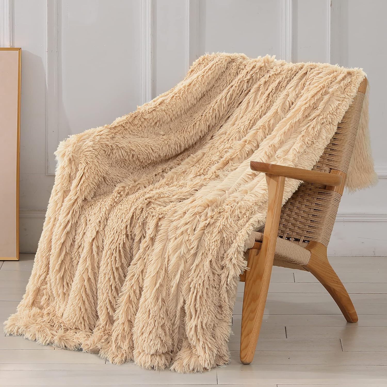 Tuddrom Decorative Extra Soft Fuzzy Faux Fur Throw Blanket 50" x 60",Solid Reversible Long Hair Shaggy Blanket,Fluffy Cozy Plush Comfy Microfiber Fleece Blankets for Couch Sofa Bedroom,Cream White - Grand Goldman