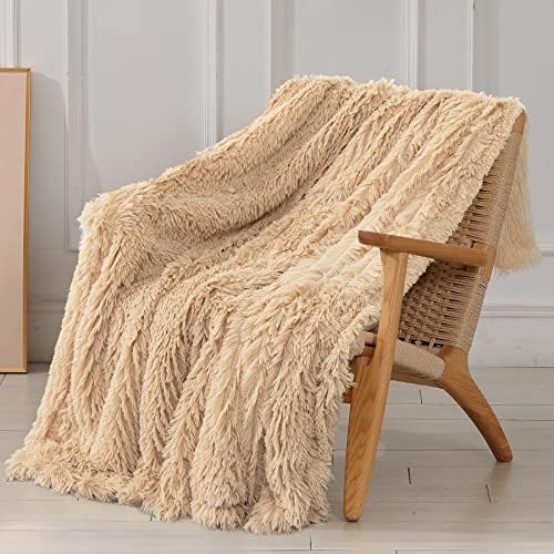 Tuddrom Decorative Extra Soft Fuzzy Faux Fur Throw Blanket 50" x 60",Solid Reversible Long Hair Shaggy Blanket,Fluffy Cozy Plush Comfy Microfiber Fleece Blankets for Couch Sofa Bedroom,Cream White - Grand Goldman