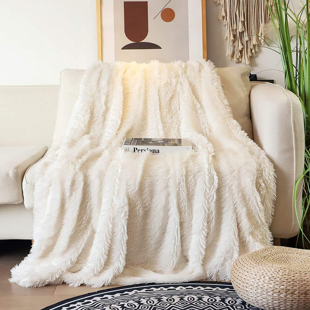 Tuddrom Decorative Extra Soft Fuzzy Faux Fur Throw Blanket 50" x 60",Solid Reversible Long Hair Shaggy Blanket,Fluffy Cozy Plush Comfy Microfiber Fleece Blankets for Couch Sofa Bedroom,Cream White - Grand Goldman