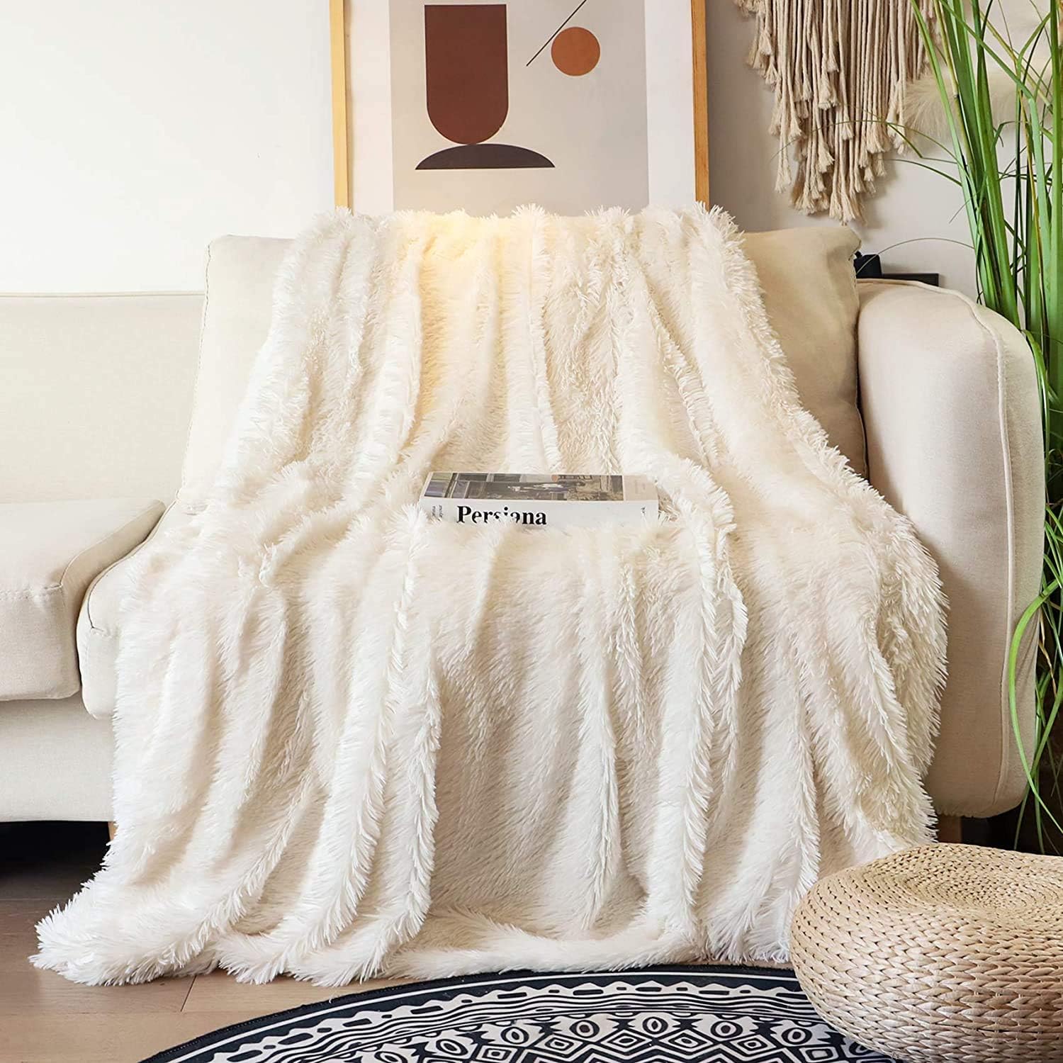 Tuddrom Decorative Extra Soft Fuzzy Faux Fur Throw Blanket 50" x 60",Solid Reversible Long Hair Shaggy Blanket,Fluffy Cozy Plush Comfy Microfiber Fleece Blankets for Couch Sofa Bedroom,Cream White - Grand Goldman