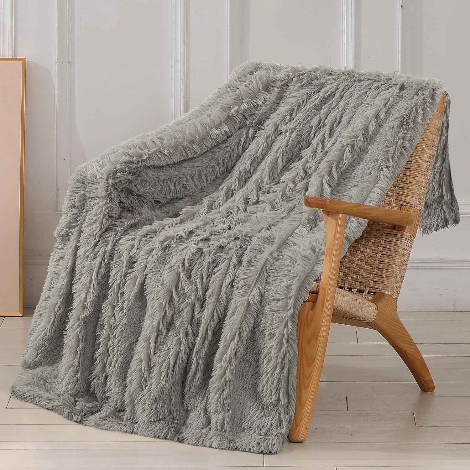 Tuddrom Decorative Extra Soft Fuzzy Faux Fur Throw Blanket 50" x 60",Solid Reversible Long Hair Shaggy Blanket,Fluffy Cozy Plush Comfy Microfiber Fleece Blankets for Couch Sofa Bedroom,Cream White - Grand Goldman