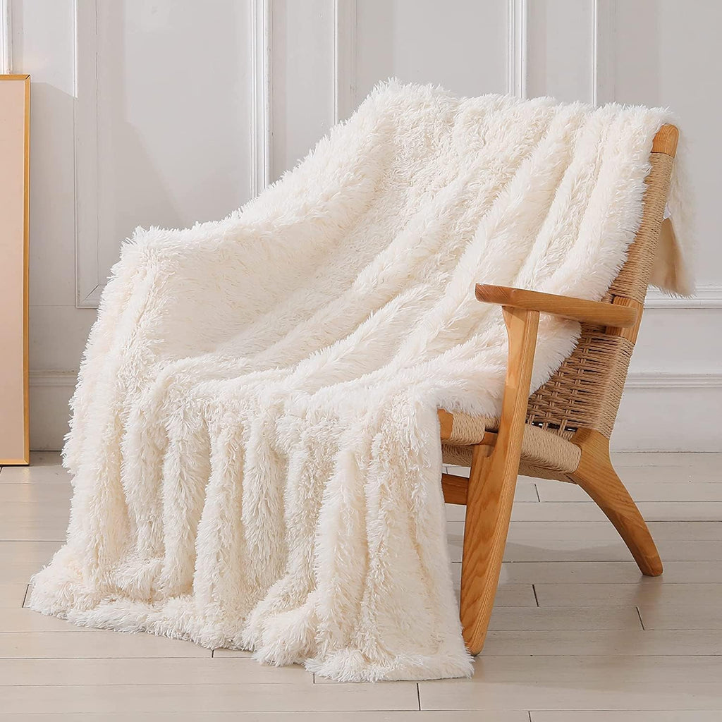Tuddrom Decorative Extra Soft Fuzzy Faux Fur Throw Blanket 50" x 60",Solid Reversible Long Hair Shaggy Blanket,Fluffy Cozy Plush Comfy Microfiber Fleece Blankets for Couch Sofa Bedroom,Cream White - Grand Goldman