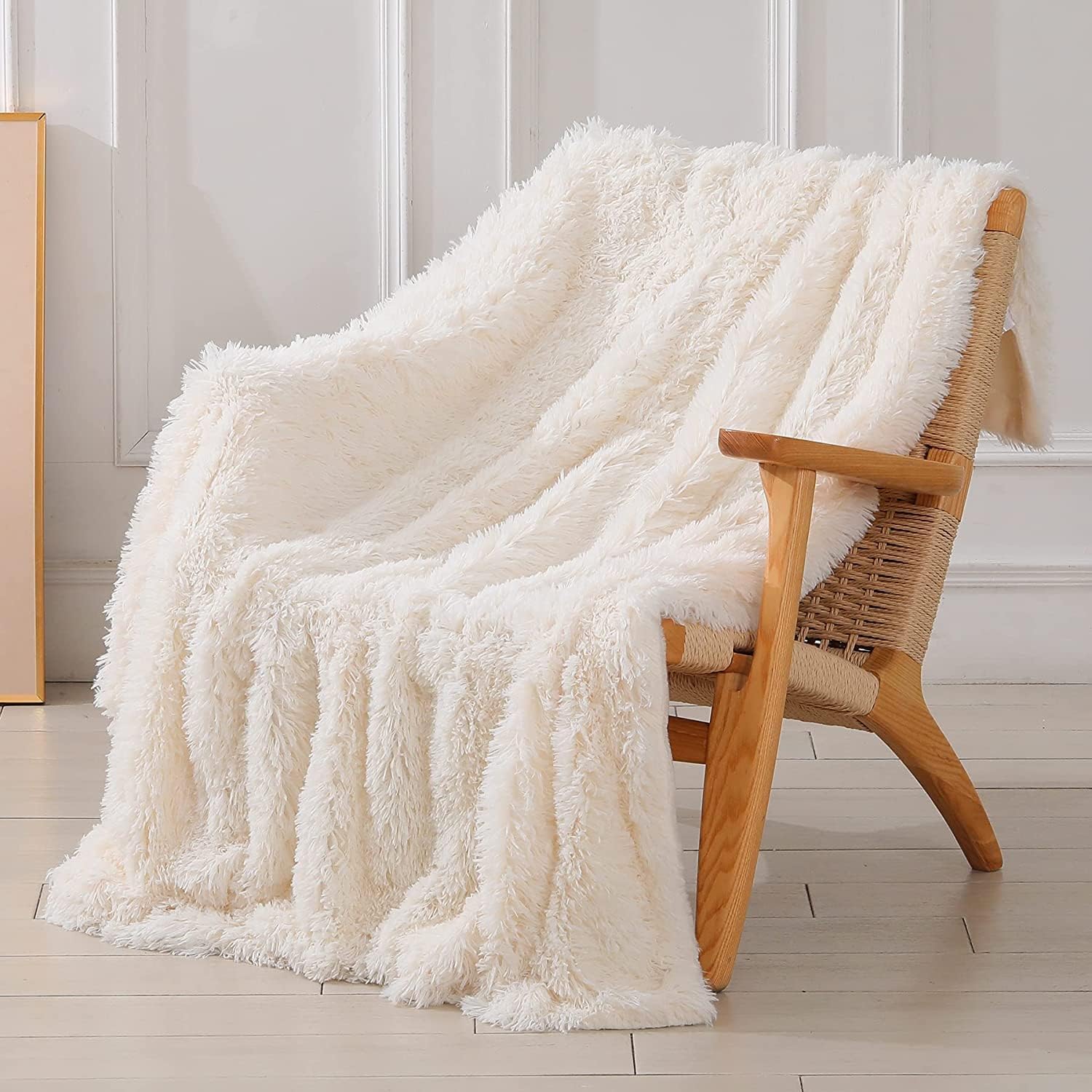 Tuddrom Decorative Extra Soft Fuzzy Faux Fur Throw Blanket 50" x 60",Solid Reversible Long Hair Shaggy Blanket,Fluffy Cozy Plush Comfy Microfiber Fleece Blankets for Couch Sofa Bedroom,Cream White - Grand Goldman