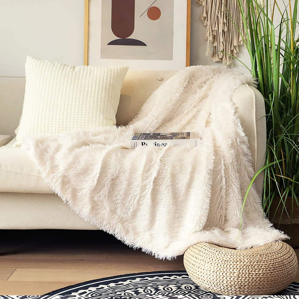Tuddrom Decorative Extra Soft Fuzzy Faux Fur Throw Blanket 50" x 60",Solid Reversible Long Hair Shaggy Blanket,Fluffy Cozy Plush Comfy Microfiber Fleece Blankets for Couch Sofa Bedroom,Cream White - Grand Goldman