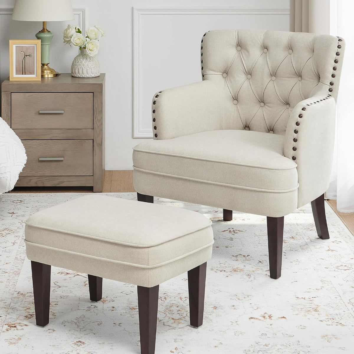 Tufted Beige Accent Chair with Ottoman and Vintage Brass Studs - For Living Room, Bedroom, Reception Room - Grand Goldman
