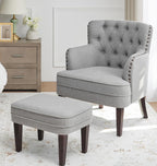 Tufted Beige Accent Chair with Ottoman and Vintage Brass Studs - For Living Room, Bedroom, Reception Room - Grand Goldman