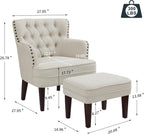 Tufted Beige Accent Chair with Ottoman and Vintage Brass Studs - For Living Room, Bedroom, Reception Room - Grand Goldman