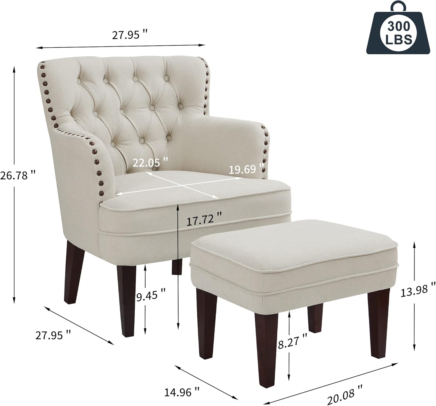 Tufted Beige Accent Chair with Ottoman and Vintage Brass Studs - For Living Room, Bedroom, Reception Room - Grand Goldman