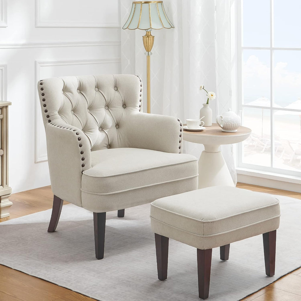 Tufted Beige Accent Chair with Ottoman and Vintage Brass Studs - For Living Room, Bedroom, Reception Room - Grand Goldman