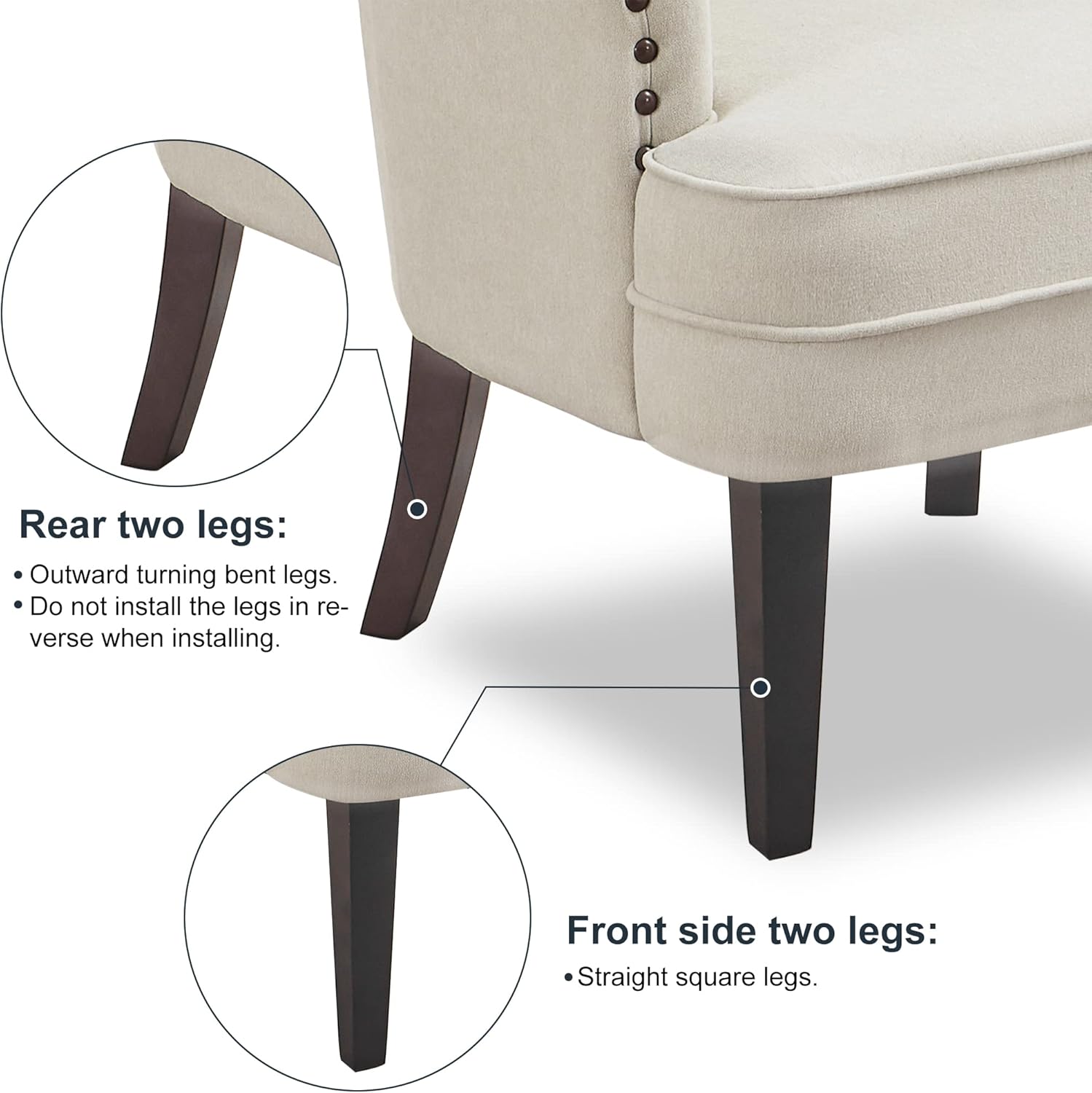 Tufted Beige Accent Chair with Ottoman and Vintage Brass Studs - For Living Room, Bedroom, Reception Room - Grand Goldman
