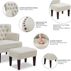 Tufted Beige Accent Chair with Ottoman and Vintage Brass Studs - For Living Room, Bedroom, Reception Room - Grand Goldman
