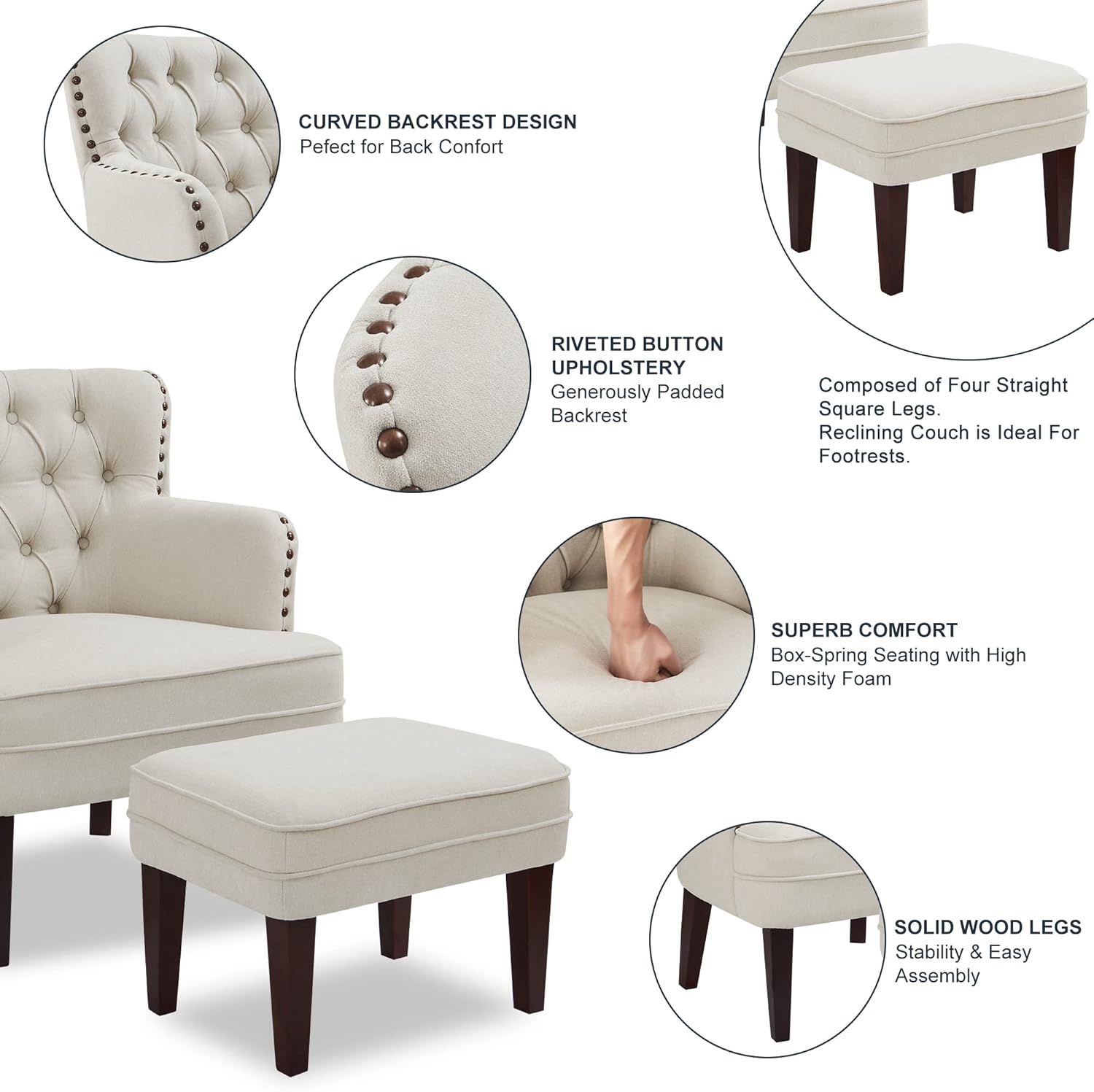 Tufted Beige Accent Chair with Ottoman and Vintage Brass Studs - For Living Room, Bedroom, Reception Room - Grand Goldman