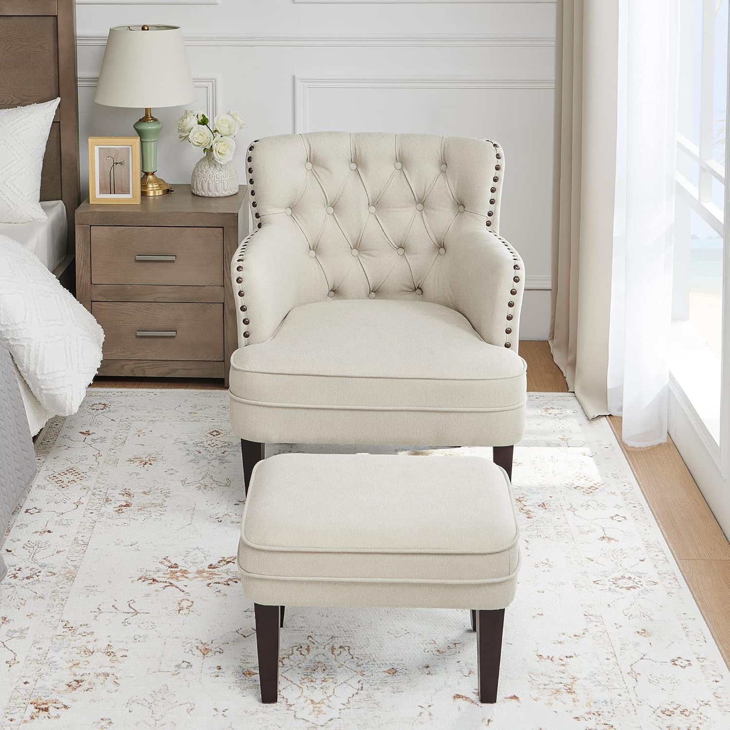 Tufted Beige Accent Chair with Ottoman and Vintage Brass Studs - For Living Room, Bedroom, Reception Room - Grand Goldman