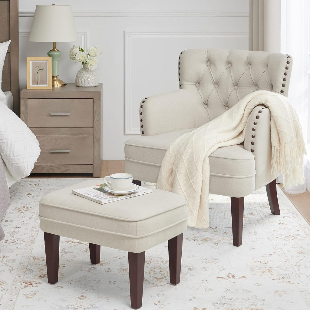 Tufted Beige Accent Chair with Ottoman and Vintage Brass Studs - For Living Room, Bedroom, Reception Room - Grand Goldman