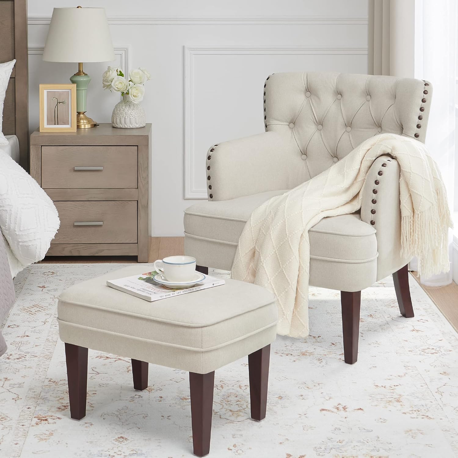 Tufted Beige Accent Chair with Ottoman and Vintage Brass Studs - For Living Room, Bedroom, Reception Room - Grand Goldman