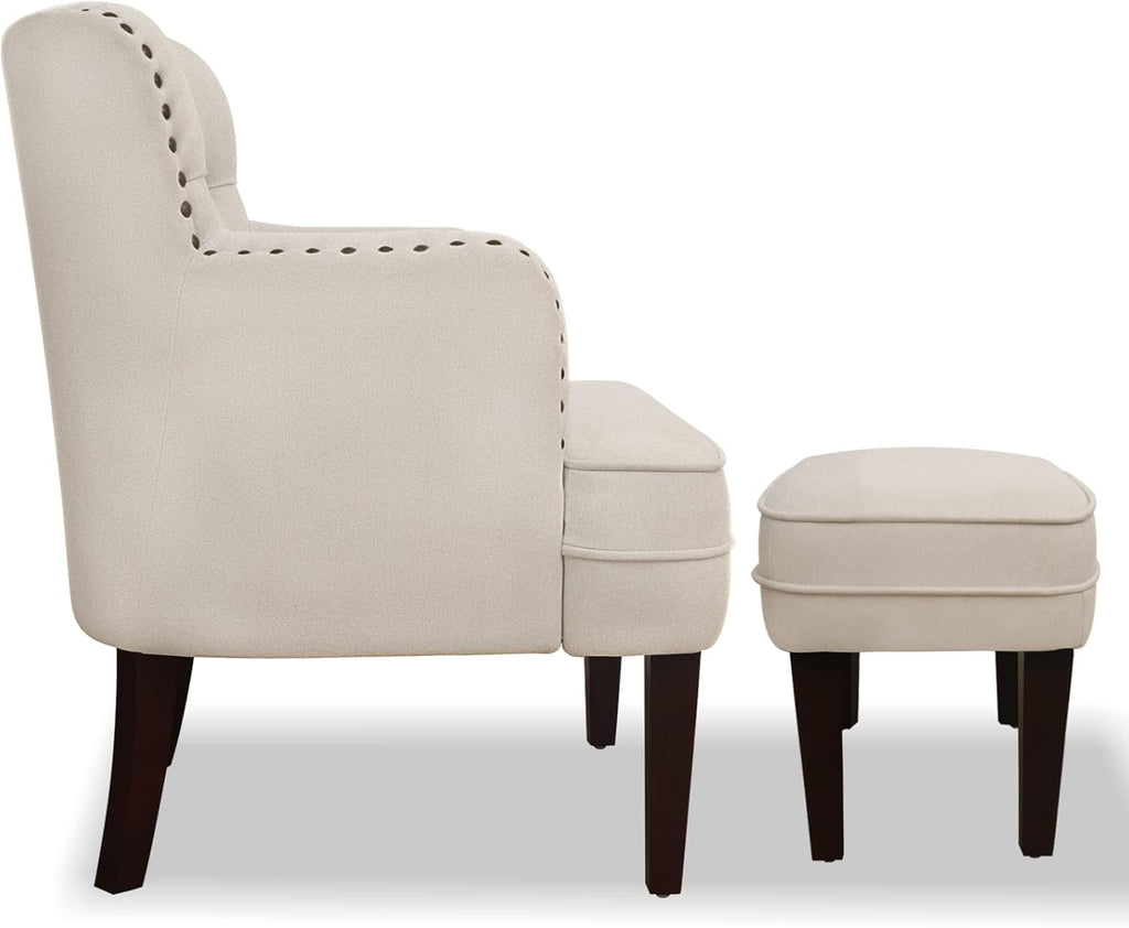 Tufted Beige Accent Chair with Ottoman and Vintage Brass Studs - For Living Room, Bedroom, Reception Room - Grand Goldman
