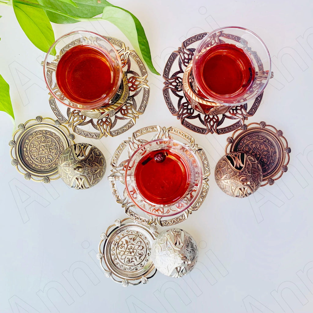 Tulip Hollow Metal Glass Turkish Coffee Cups Classical Court Coffee Mug Glass Cup with Sugar Dish Spoon Set Afternoon Tea Set - Grand Goldman