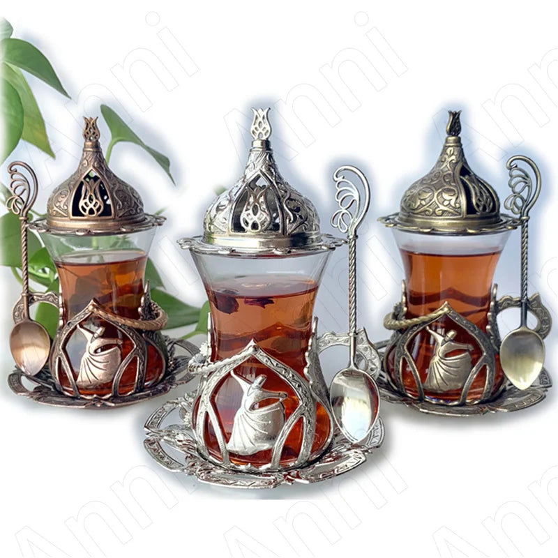 Tulip Hollow Metal Glass Turkish Coffee Cups Classical Court Coffee Mug Glass Cup with Sugar Dish Spoon Set Afternoon Tea Set - Grand Goldman