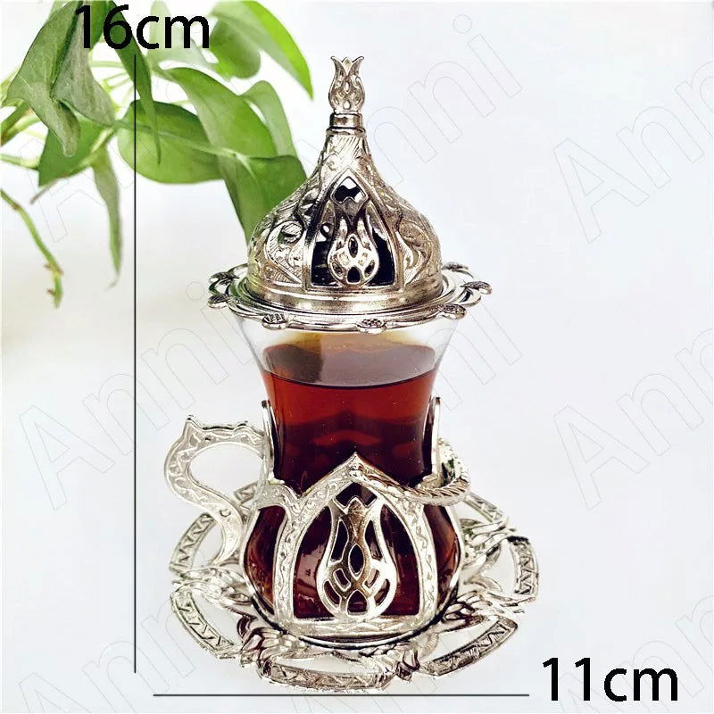 Tulip Hollow Metal Glass Turkish Coffee Cups Classical Court Coffee Mug Glass Cup with Sugar Dish Spoon Set Afternoon Tea Set - Grand Goldman