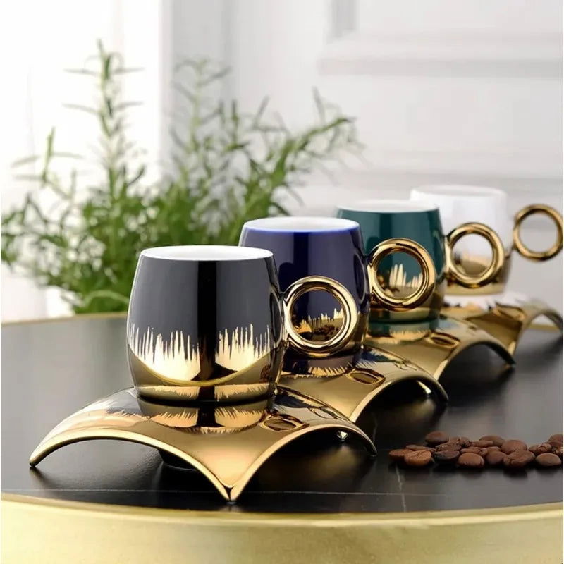 Turkish Coffee Cup Set of 6 with Saucers & Tray - Luxury Arabic Greek Japanese Marble Ceramic Tea Cups for Espresso Cappuccino - Grand Goldman