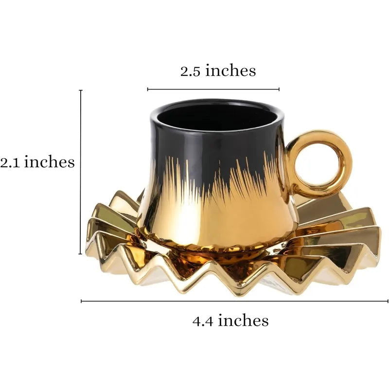 Turkish Coffee Cup Set of 6 with Saucers & Tray - Luxury Arabic Greek Japanese Marble Ceramic Tea Cups for Espresso Cappuccino - Grand Goldman