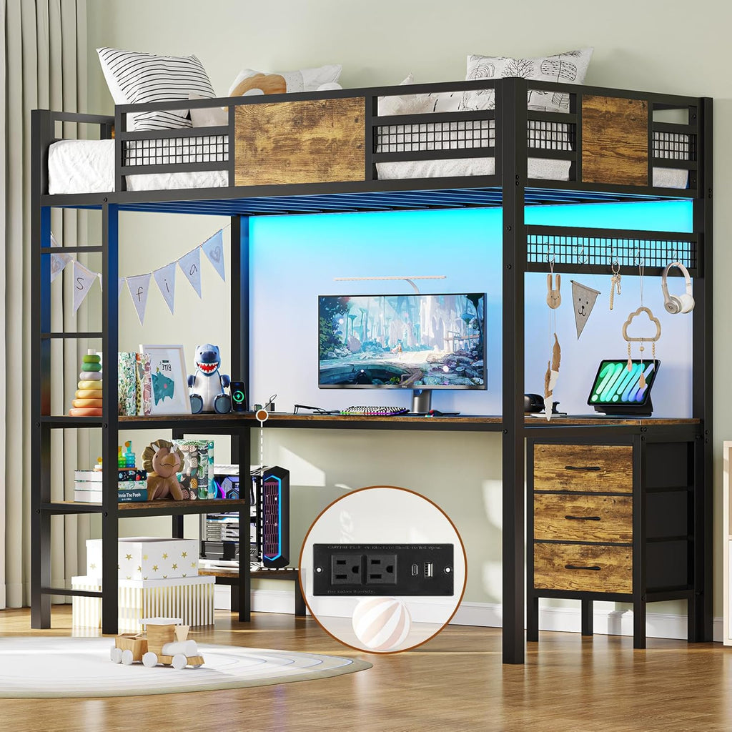 Twin Loft Bed with L-Shaped Desk, Metal Twin Size Bed Frame with LED Lights & Charging Sation, 3 Fabric Drawers, 2-Tier Storage Shelves, Safety Guard & Ladder, No Box Spring Needed - Grand Goldman