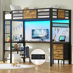 Twin Loft Bed with L-Shaped Desk, Metal Twin Size Bed Frame with LED Lights & Charging Sation, 3 Fabric Drawers, 2-Tier Storage Shelves, Safety Guard & Ladder, No Box Spring Needed - Grand Goldman