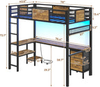 Twin Loft Bed with L-Shaped Desk, Metal Twin Size Bed Frame with LED Lights & Charging Sation, 3 Fabric Drawers, 2-Tier Storage Shelves, Safety Guard & Ladder, No Box Spring Needed - Grand Goldman