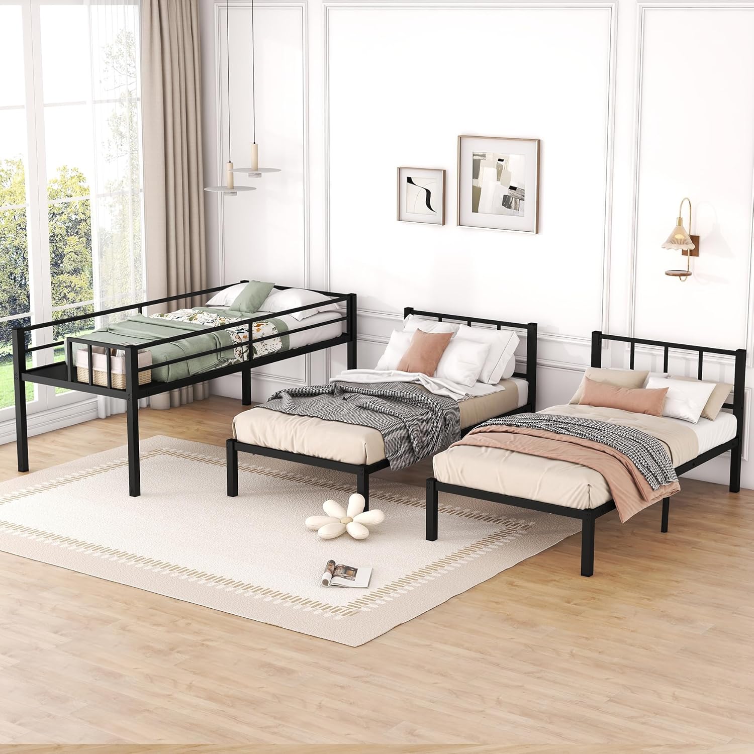 Twin Over Twin Over Twin Triple Bunk Bed for Kids,3 Bed Bunk Beds for 3,Metal Triple Bunk Beds with Built-in Desk,Separates Into 3 Twin Beds,Noise Reduced Structure,Black - Grand Goldman