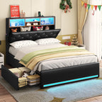 Twin Size Bed Frame with Hidden Storage Headboard and 4 Drawers, Upholstered Platform Bed Twin with LED Lights & Charging Station, No Box Spring Needed, Noise-Free, Dark Grey - Grand Goldman